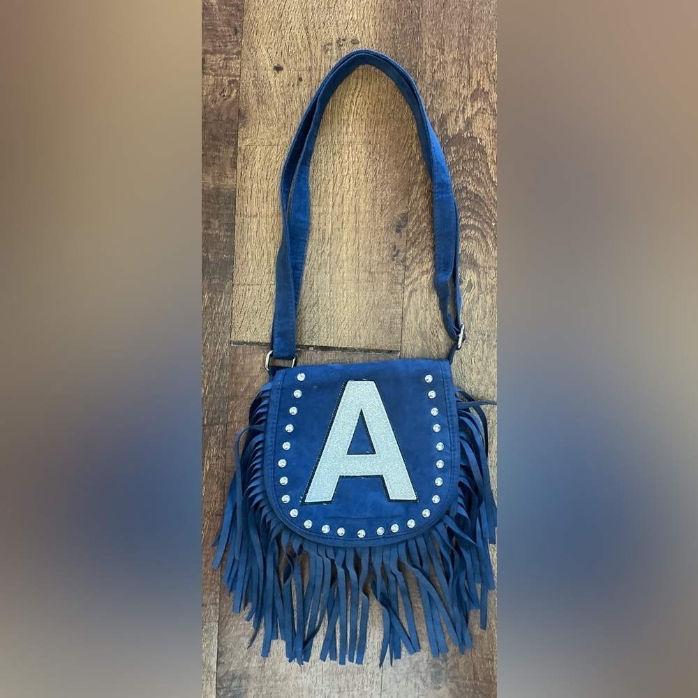 Justice girls faux suede purse with fringe sparkly A initial